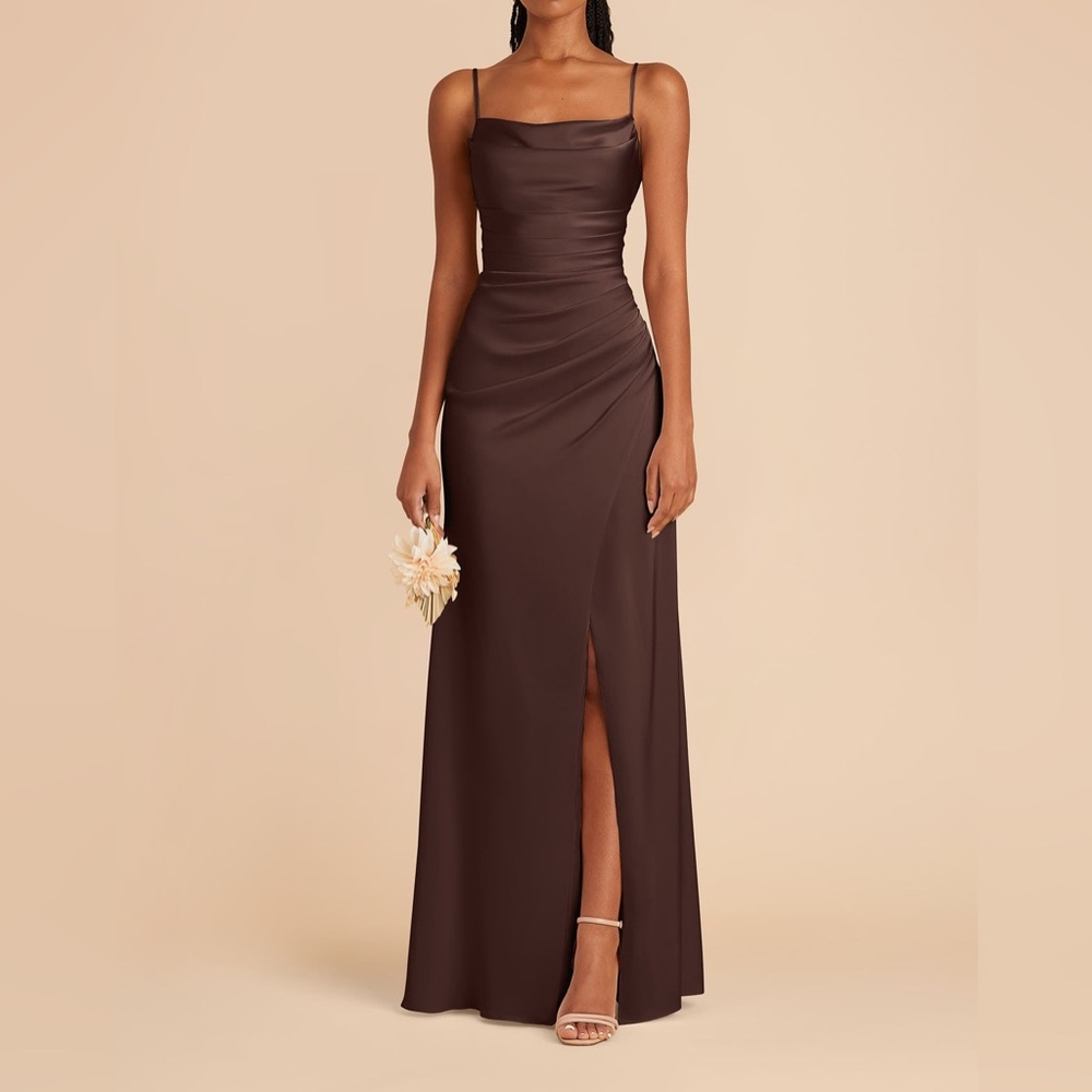 Birdy Grey espresso Brown Satin Cowl Neck Spaghetti Strap Evening Dress